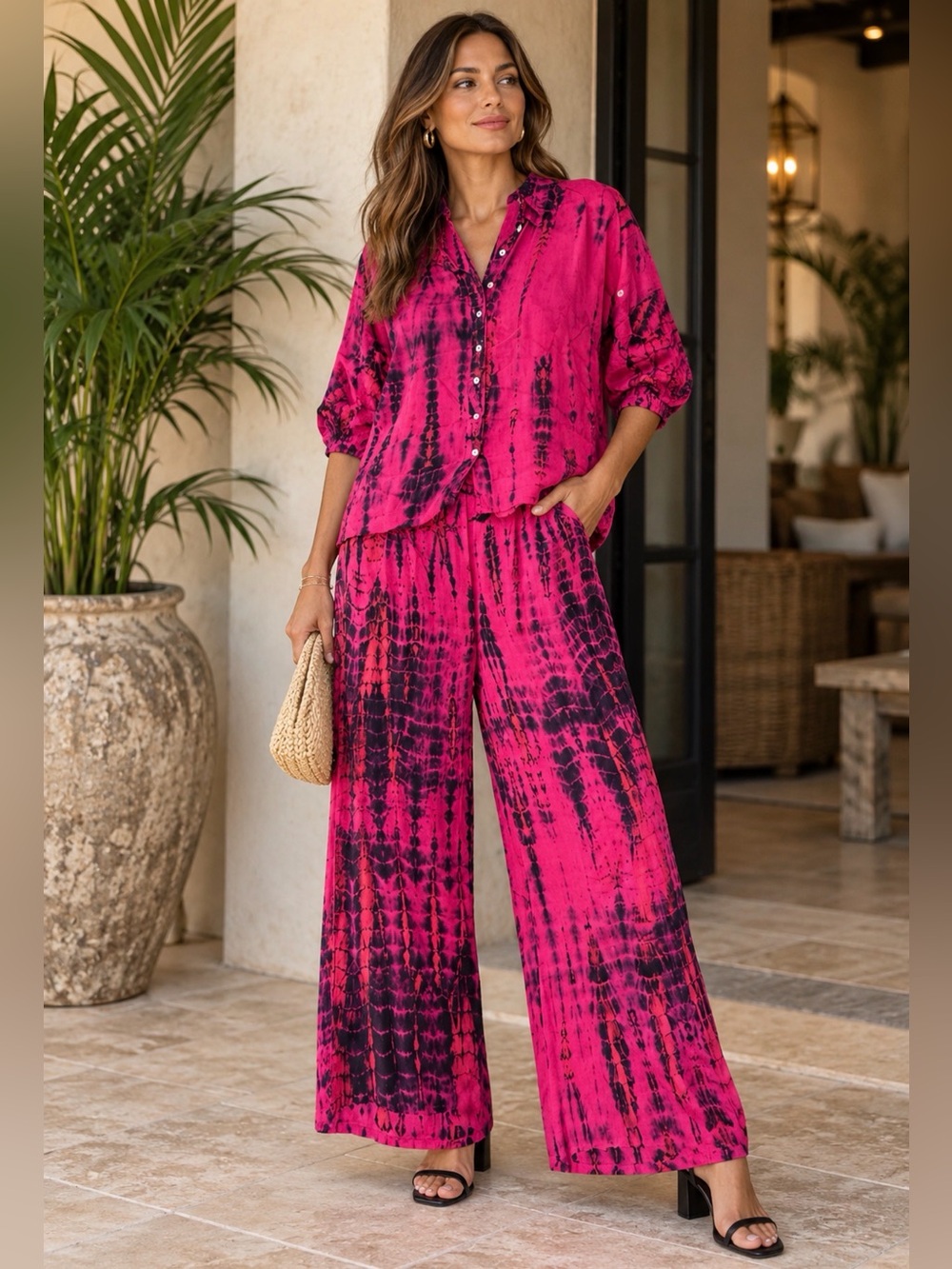 Heidi Houston Tie-Dye Set Button-Front Women’s Top and Pants in Magenta